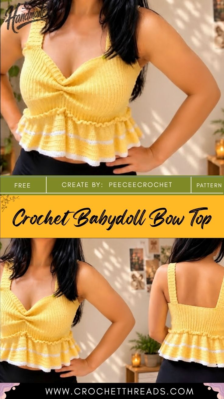 Free Crochet Babydoll Bow Top Pattern with Ruffle Using
