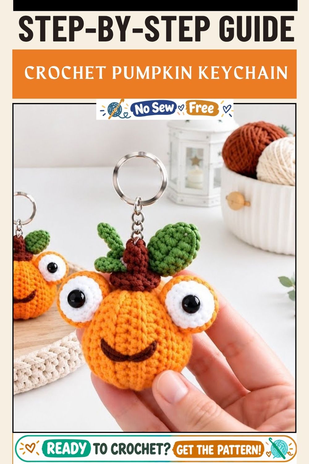 Finished free crochet pumpkin keychain with a smiling face
