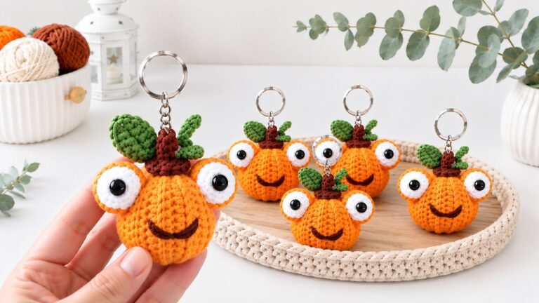 Free Crochet Pumpkin Keychain With a Smiling Face