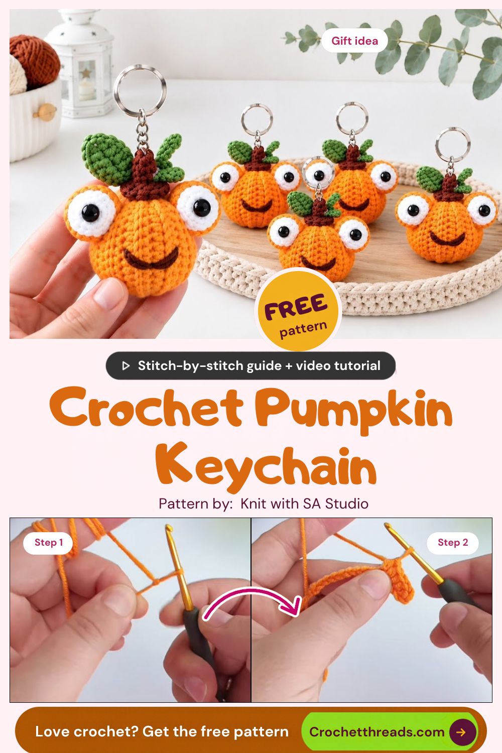 Free crochet pumpkin keychain with a smiling face