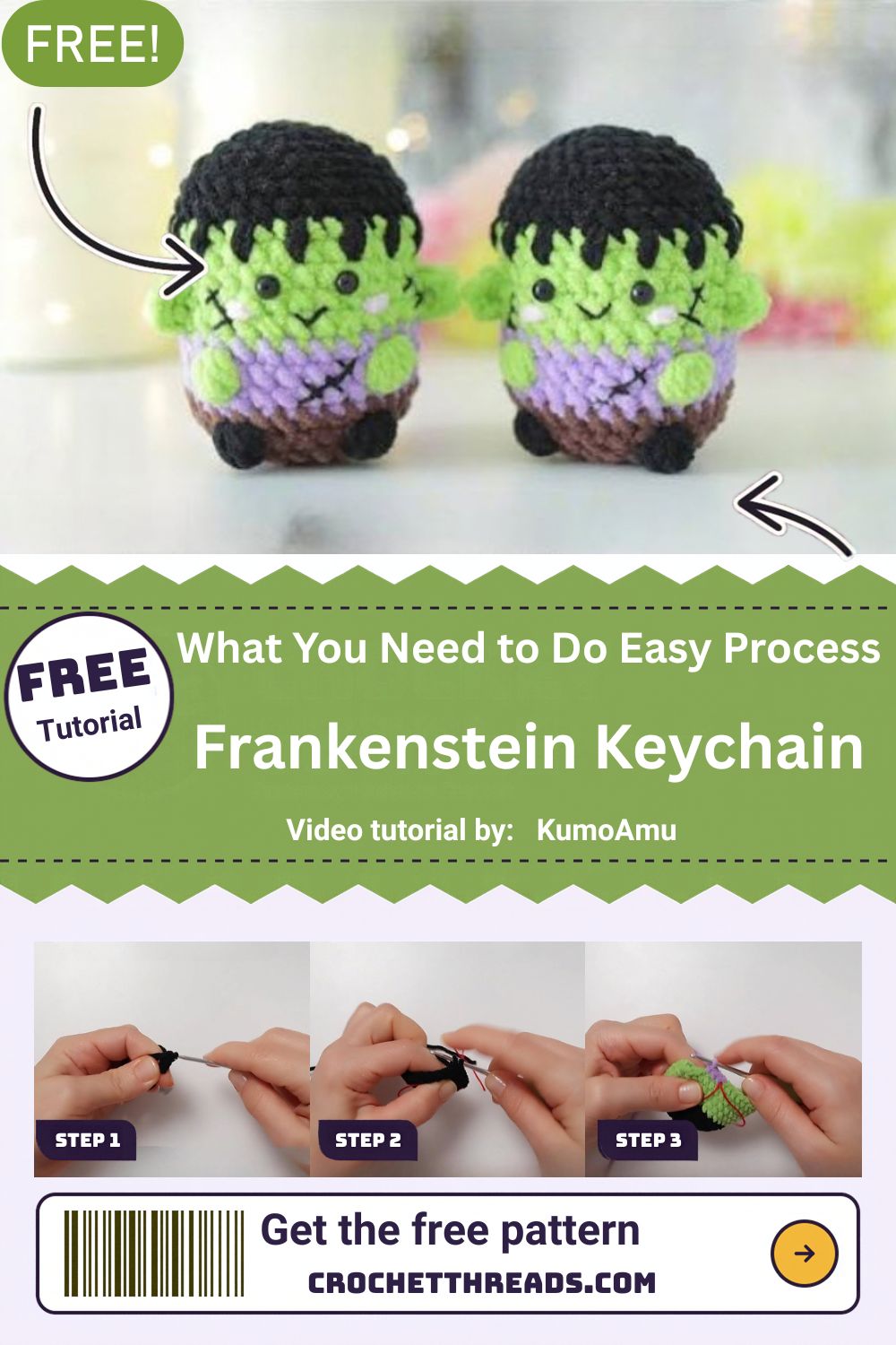 Crochet Frankenstein keychain with lime face and lilac shirt
