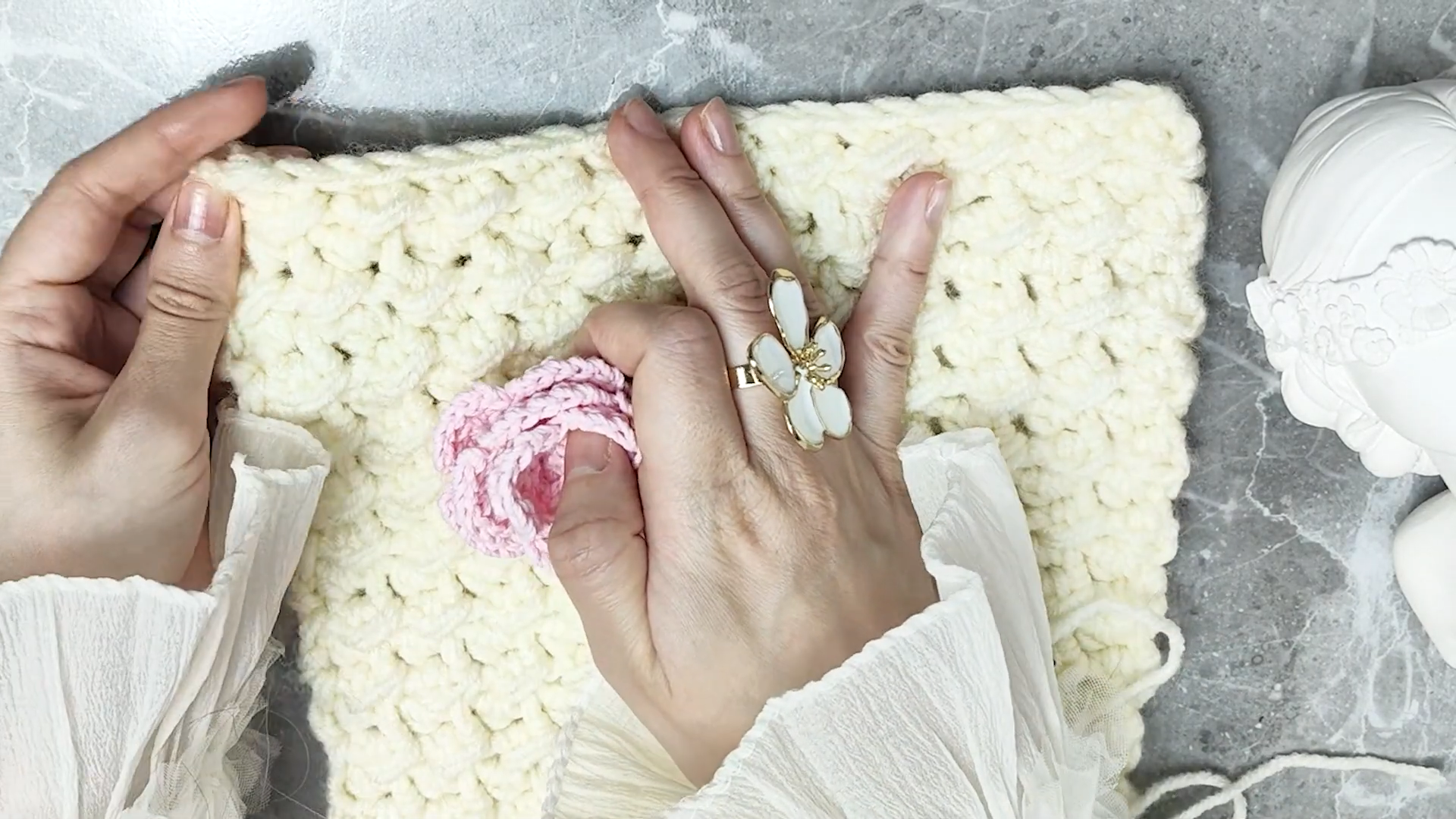 Placing pink rose motif onto cream scarf panel