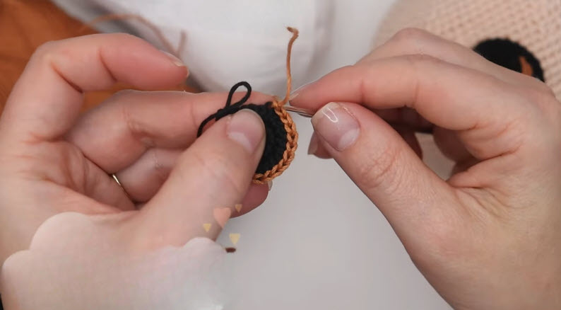 Row 4 back loop only slip stitch in brown around eye