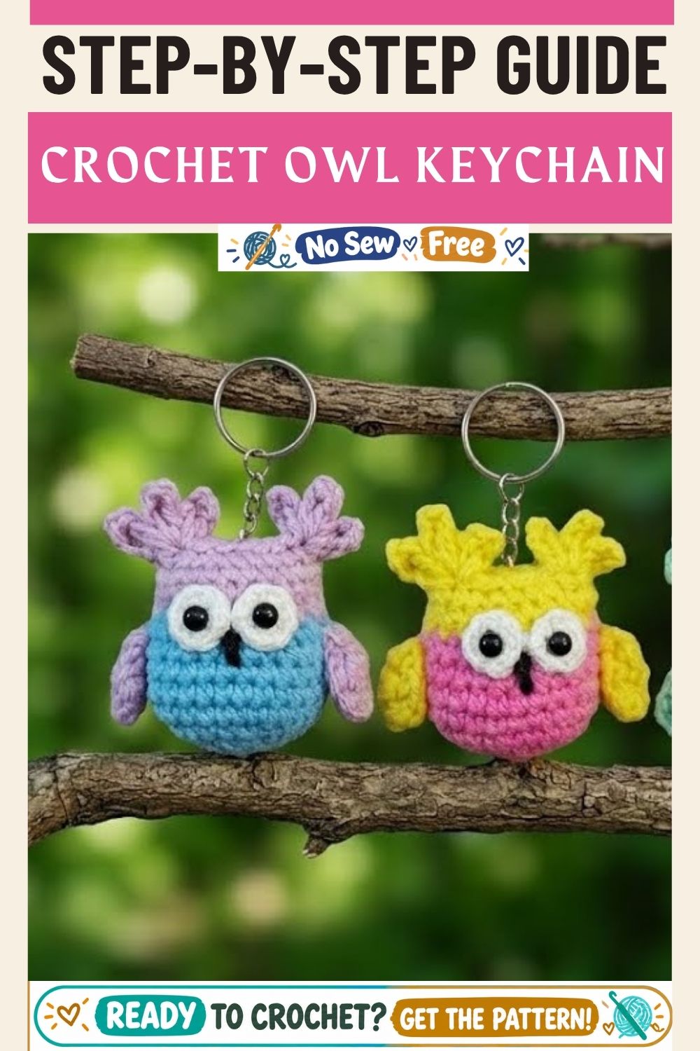 Small Crochet Owl keychain Pattern with round eyes and wings