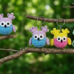 Small Crochet Owl keychain Pattern with round eyes and wings