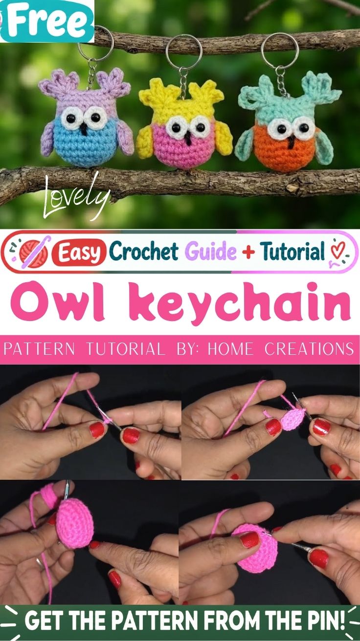 Small Crochet Owl keychain Pattern with round eyes and wings