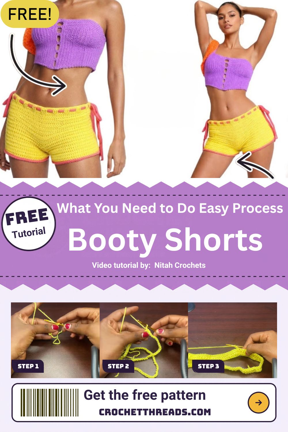 Yellow crochet strappy booty shorts with side ties