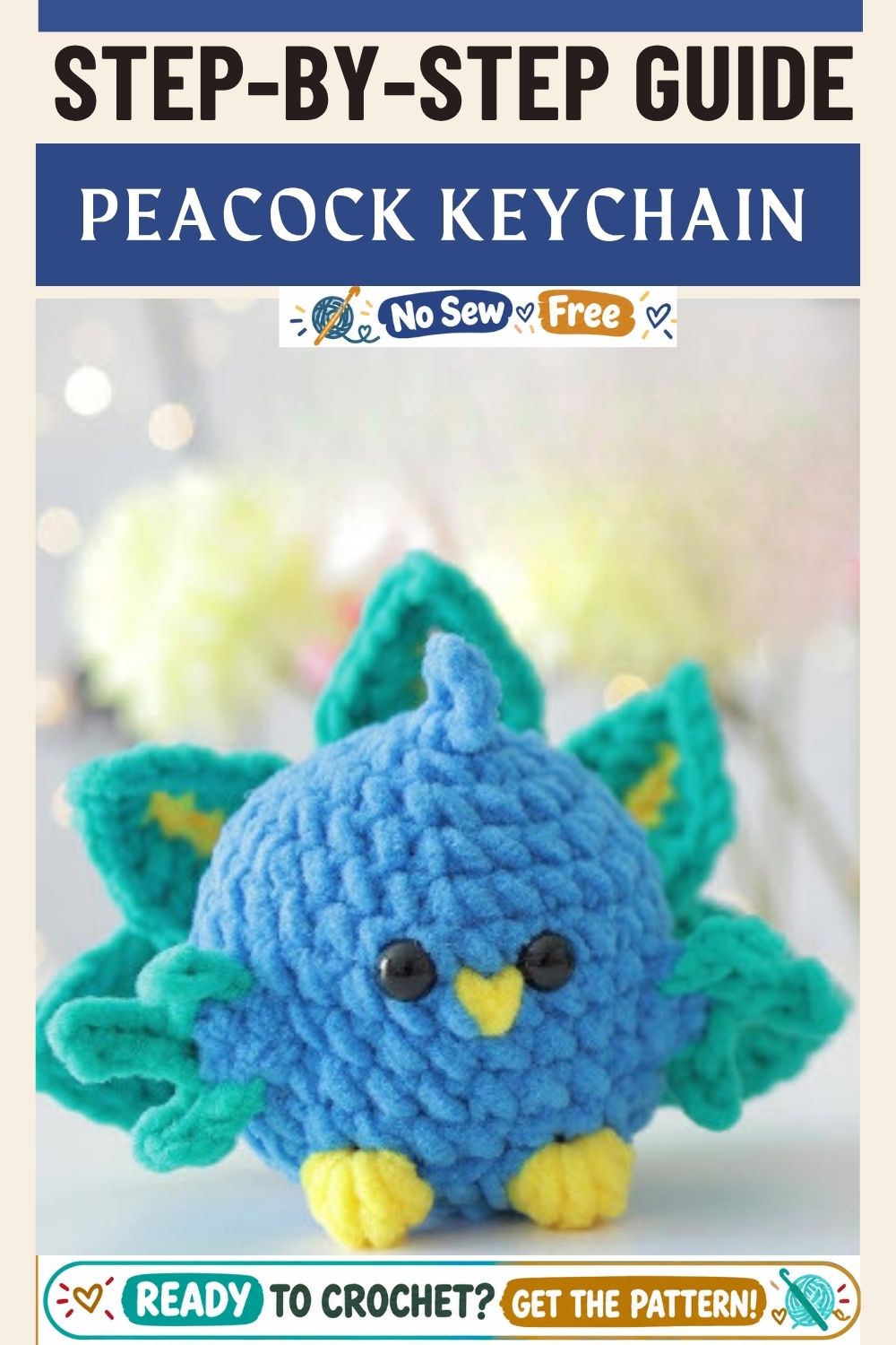 Vibrant Crochet Peacock Keychain Pattern with Smiling Face