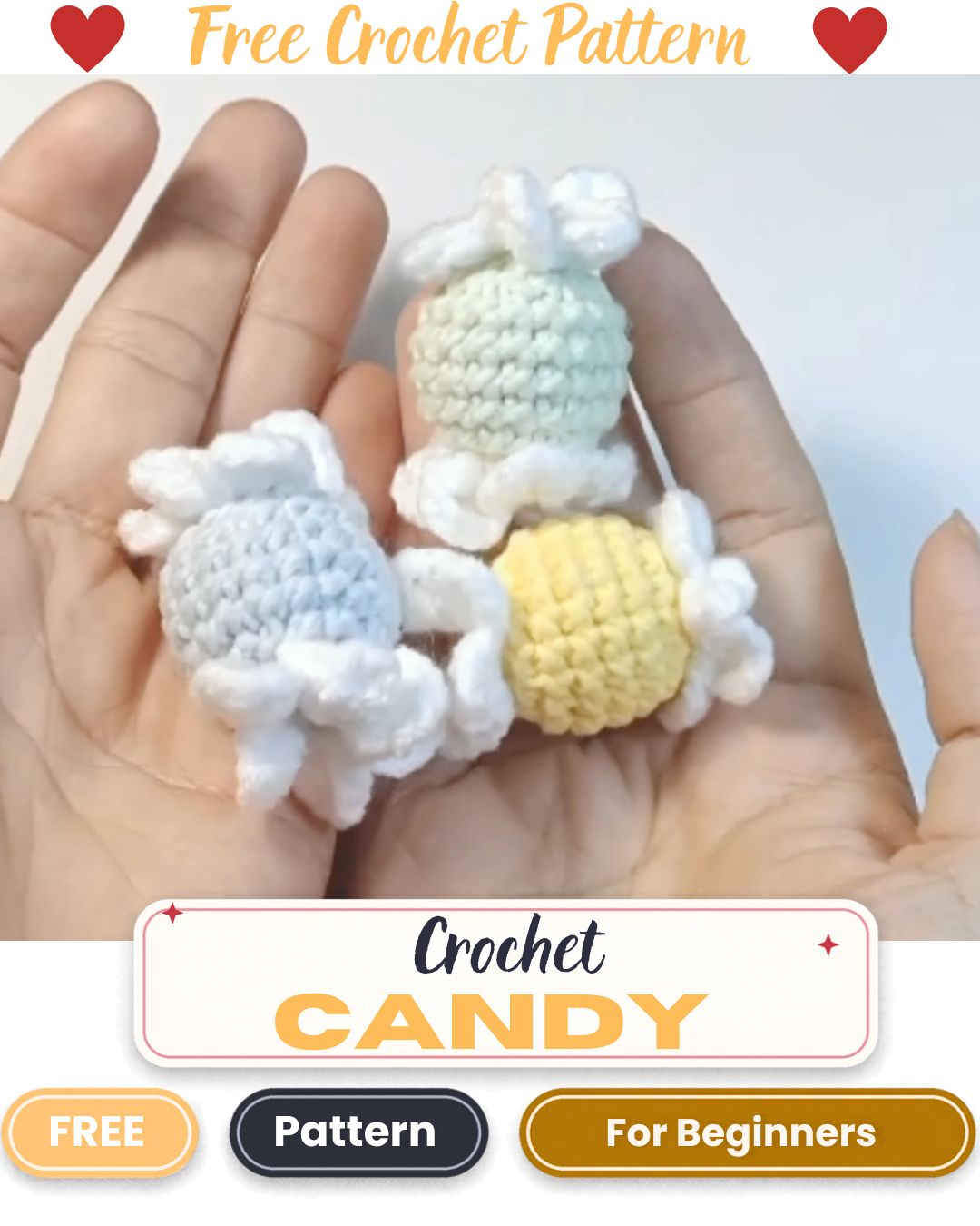 Finished yellow crochet candy with white frilly ends