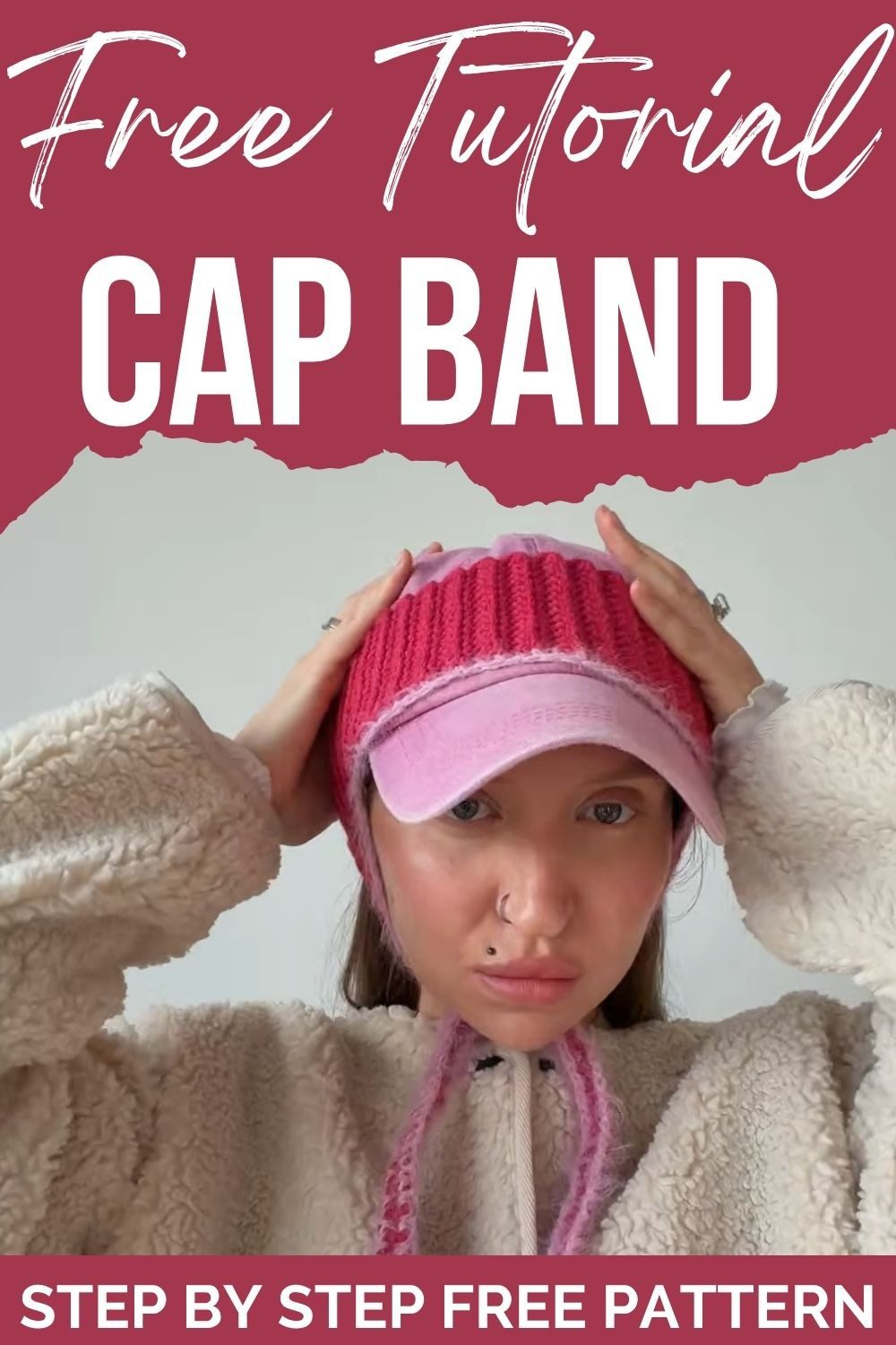 Red ribbed crochet cap band with ear flaps and tie strings shown from another angle