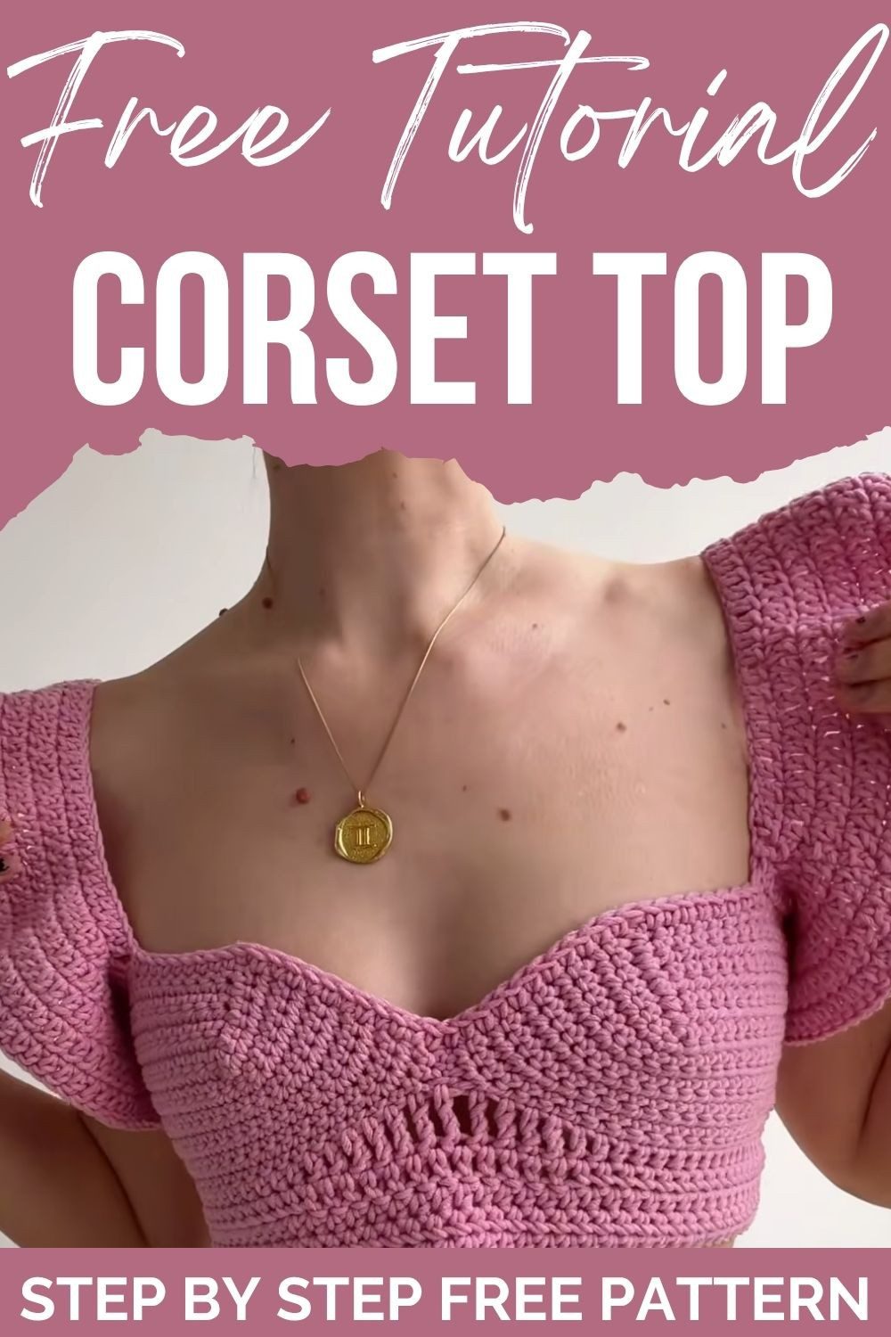 Crochet corset top with ruffle sleeves shown from another angle