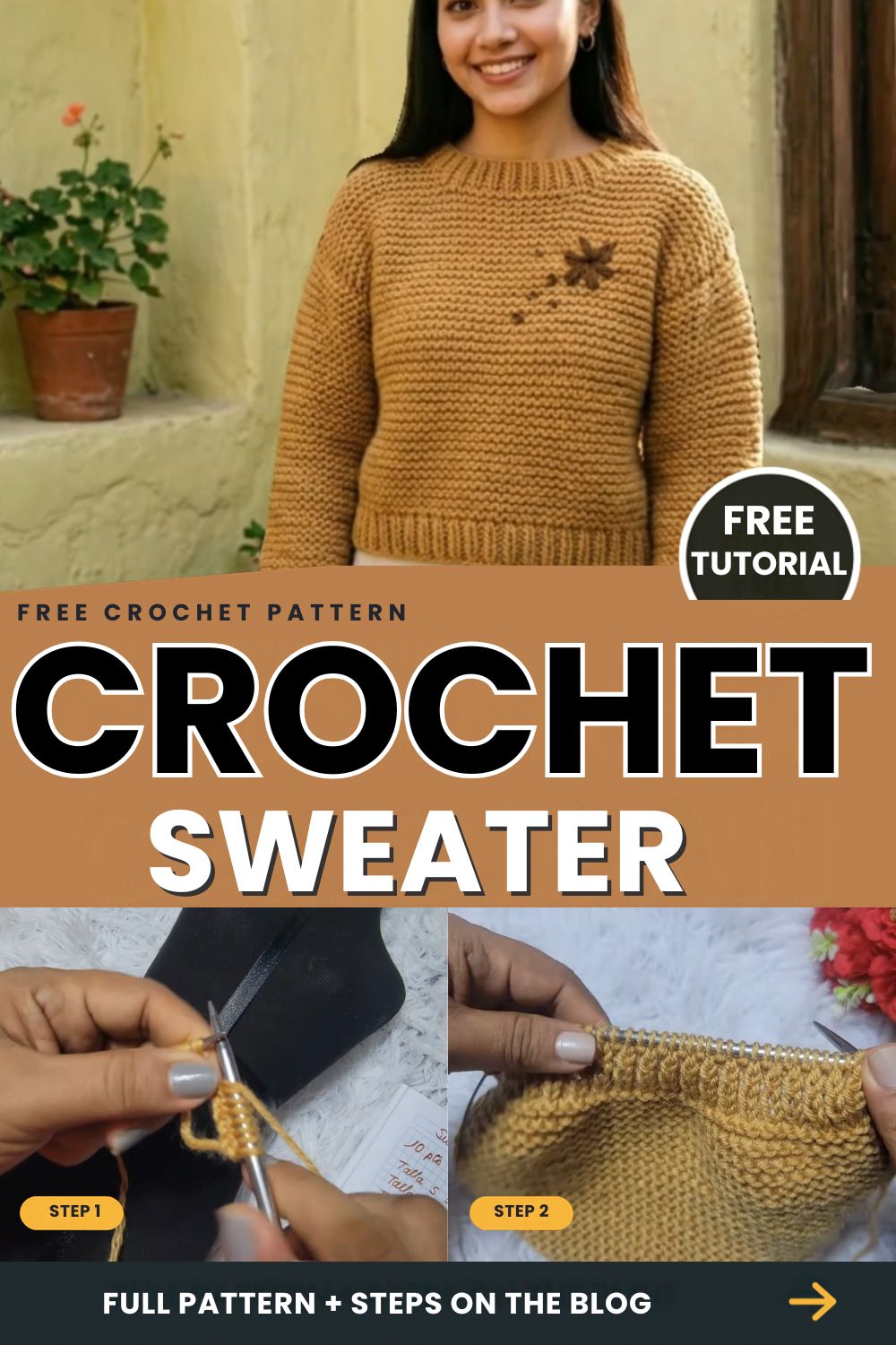 Crochet Garter Stitch Sweater Pattern with Embroidery
