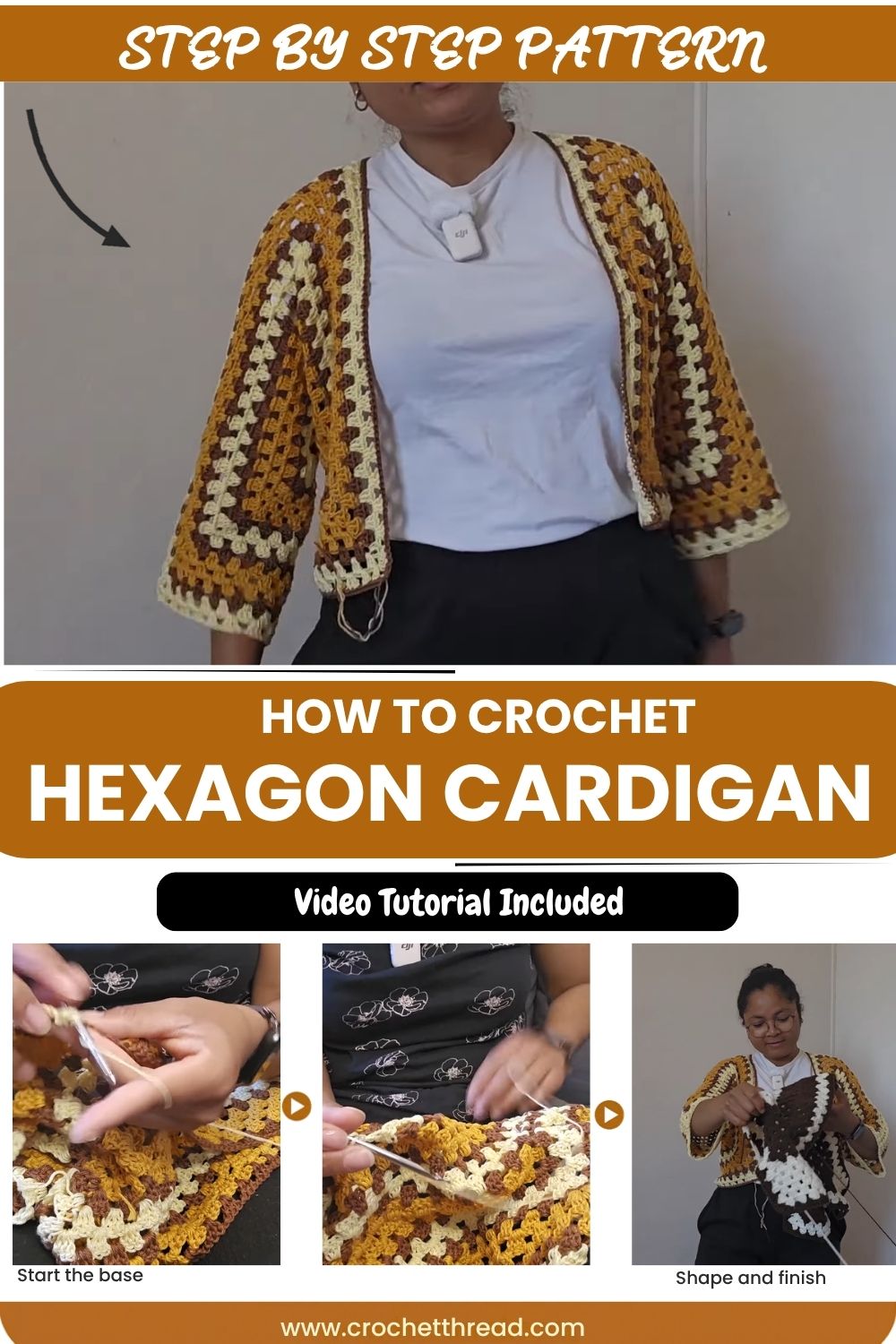 Crochet Hexagon Cardigan in Mustard and Brown