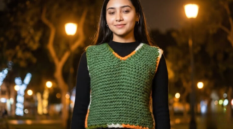 Crochet Knitted Emerald Pullover With Orange Trim