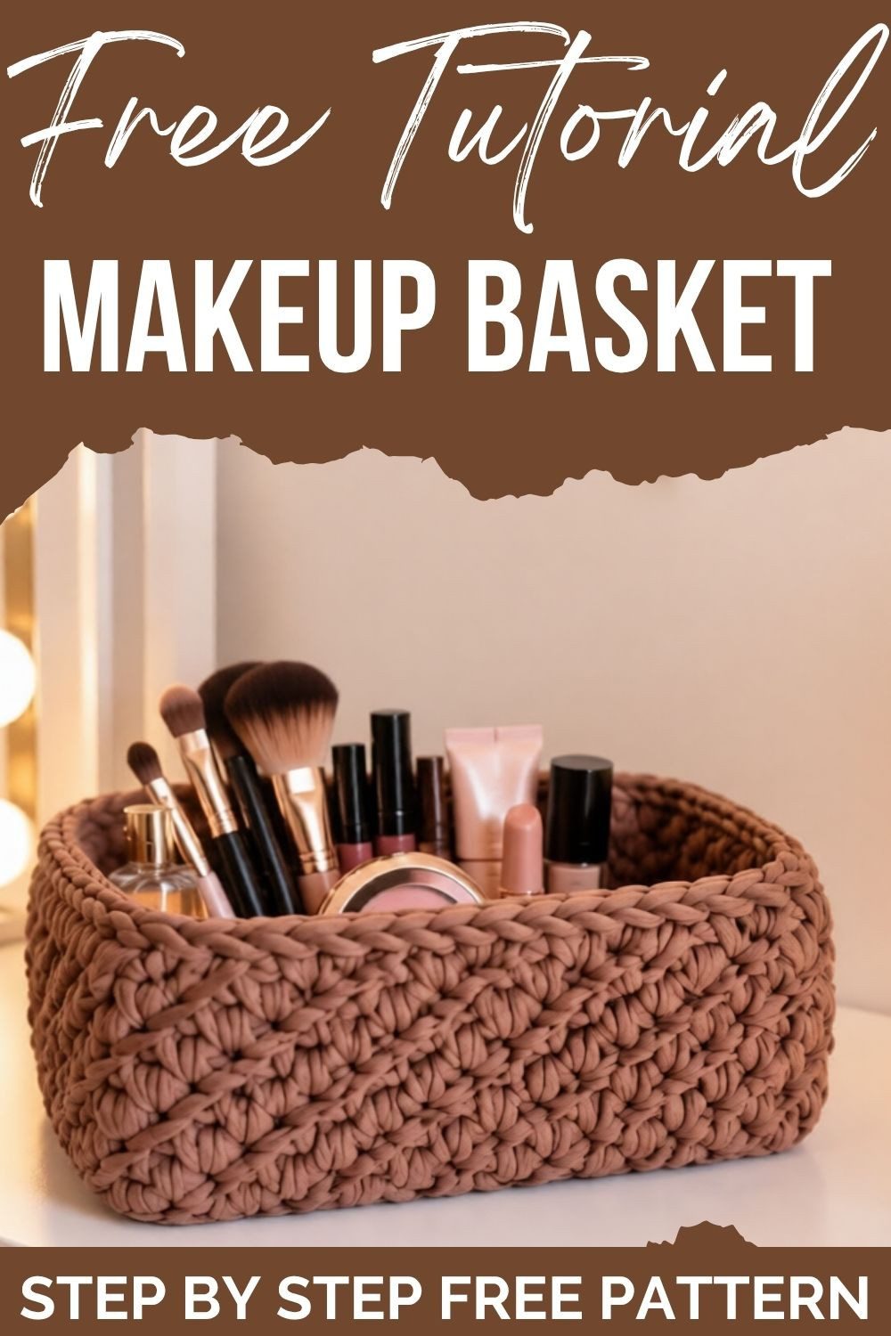 Crochet makeup basket pattern result shown from another angle on a vanity