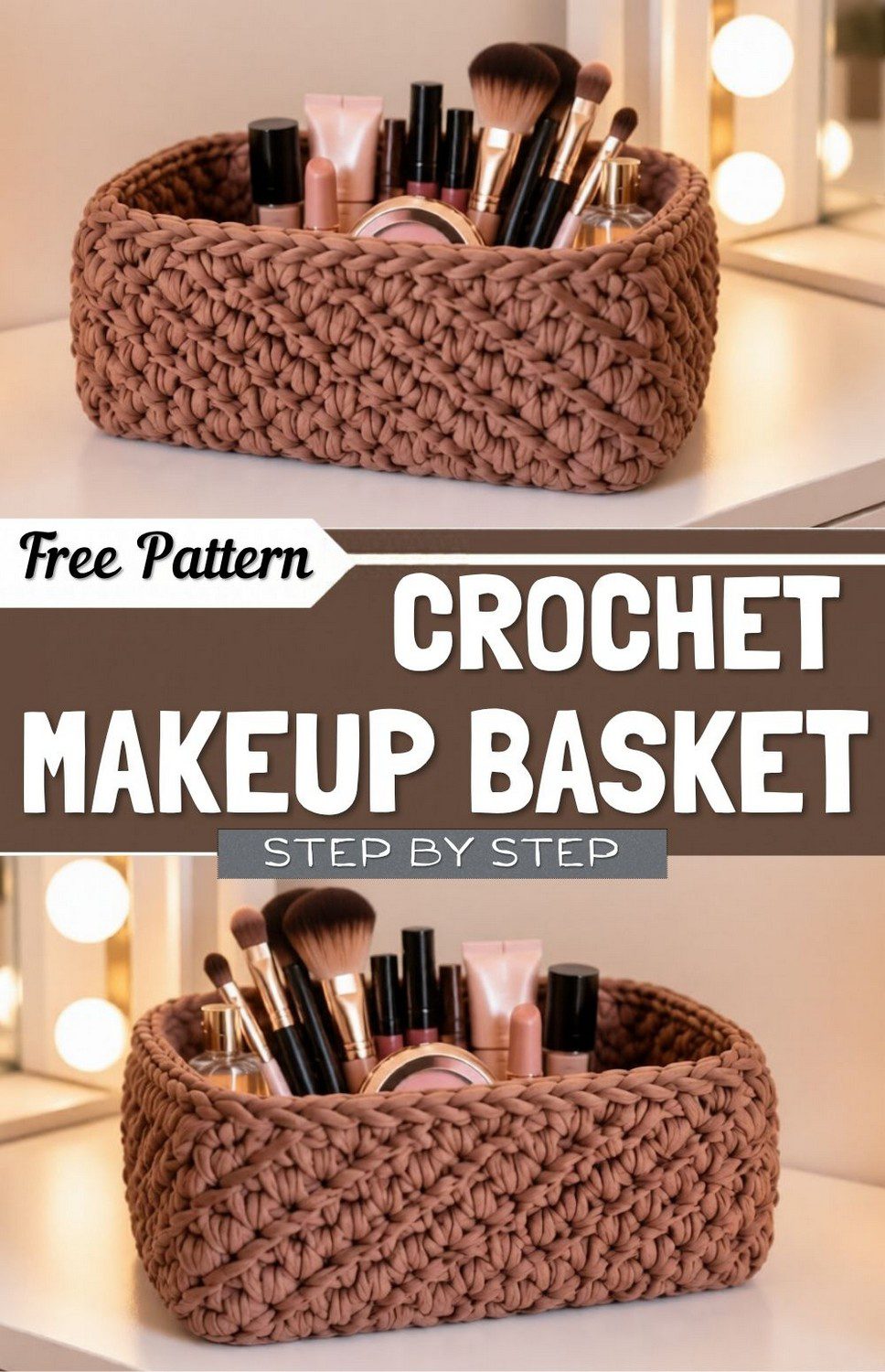 Finished crochet makeup basket pattern for vanity organization