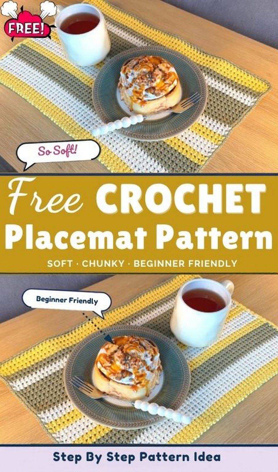 Crochet placemat pattern in yellow, olive, and cream stripes