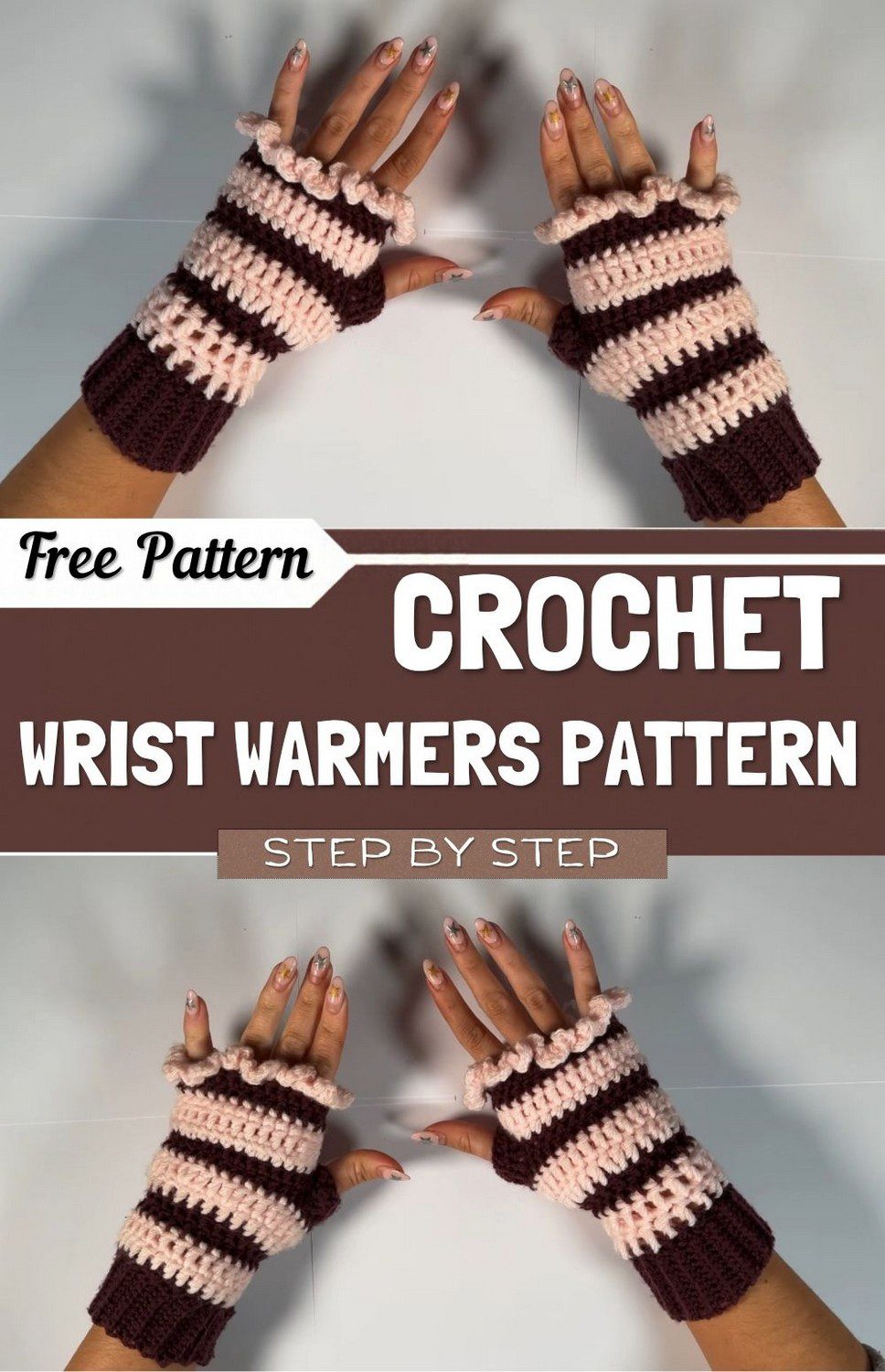 Crochet wrist warmers pattern with frilly ruffle cuffs and pink and purple stripes