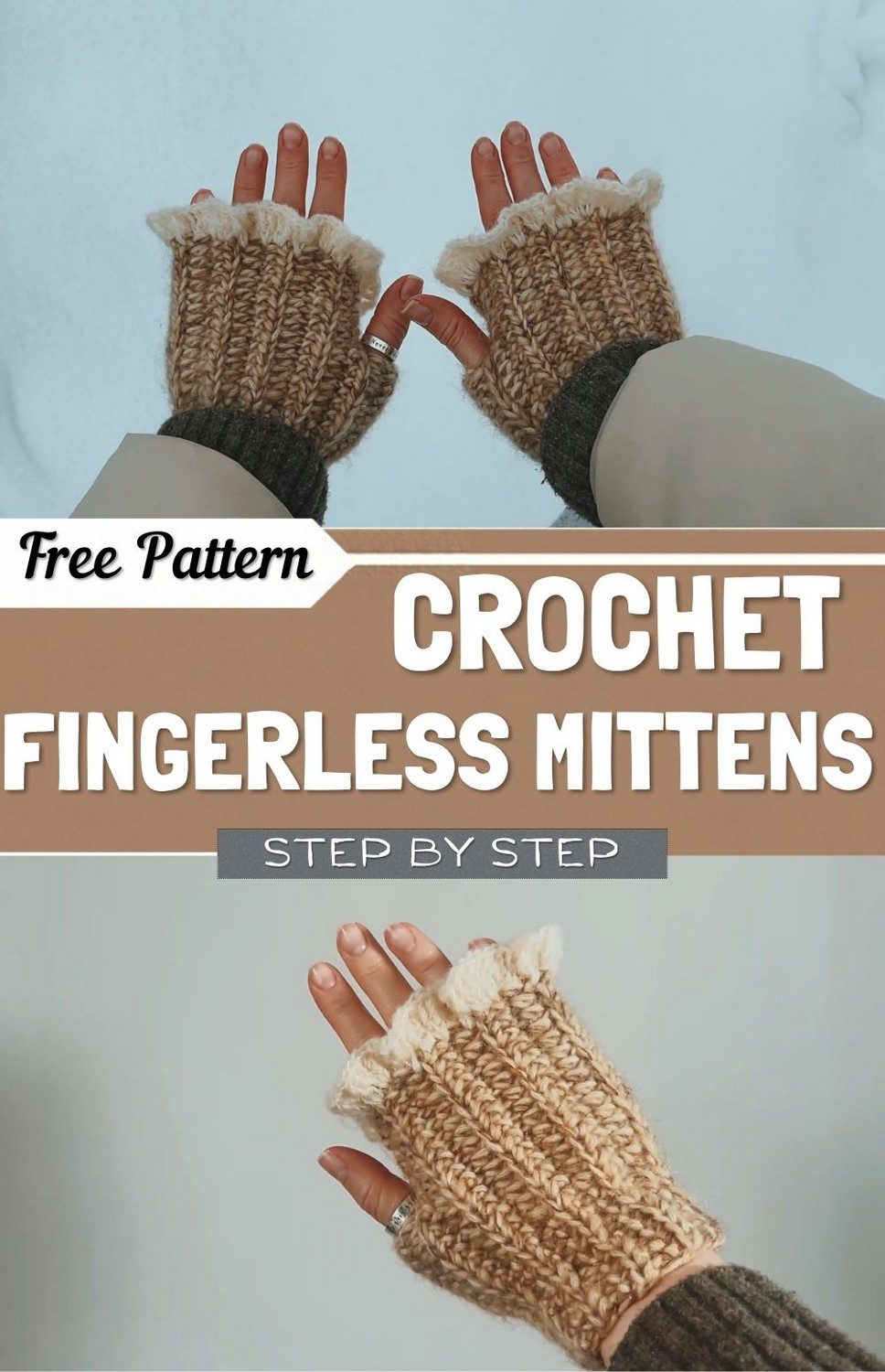Ruffled crochet fingerless mittens pattern with ribbed cuff and ruffle edge